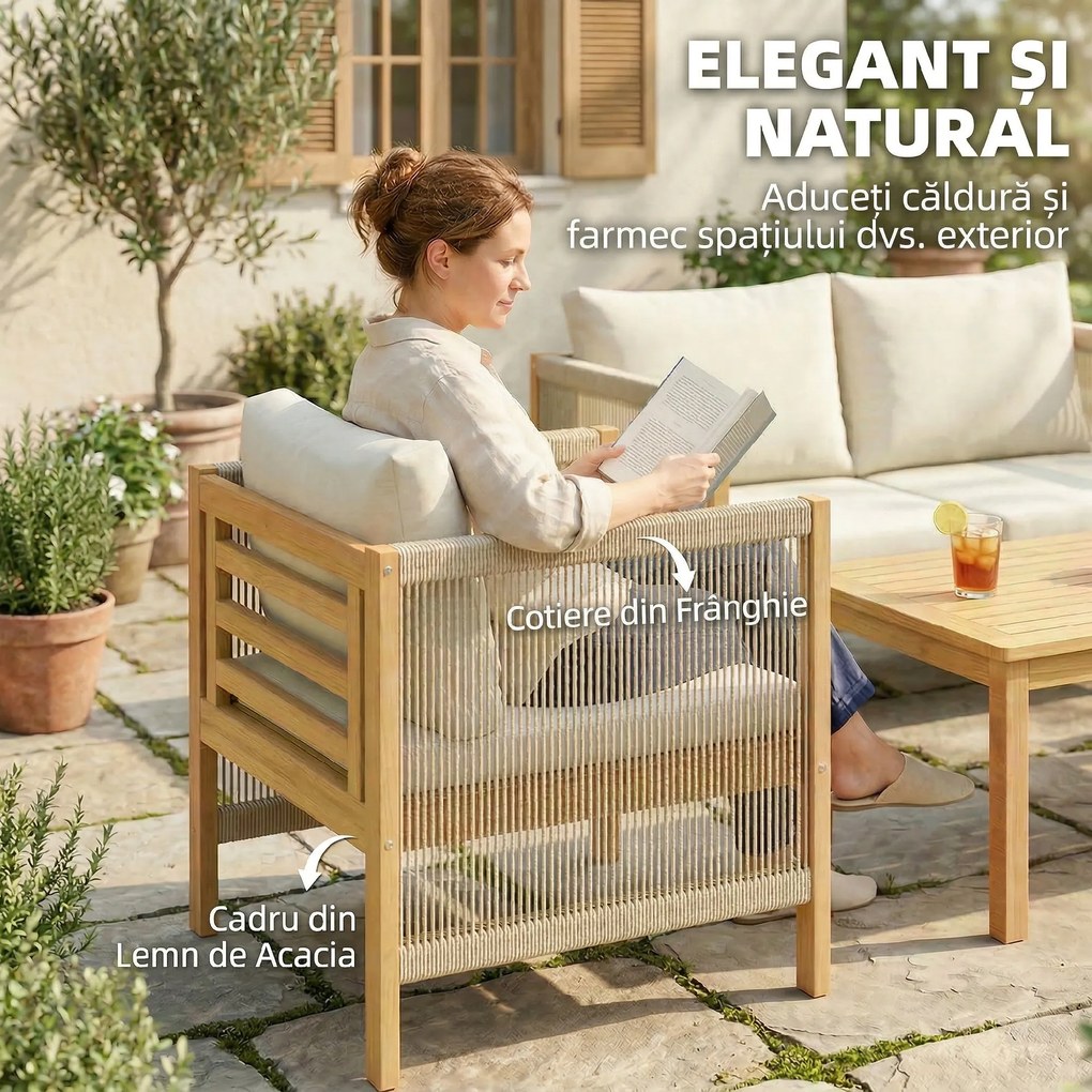 Outsunny Set de Grădină 4 Piese, Lemn de Salcâm, Conversație Terasă cu Perne Bej | Aosom Romania