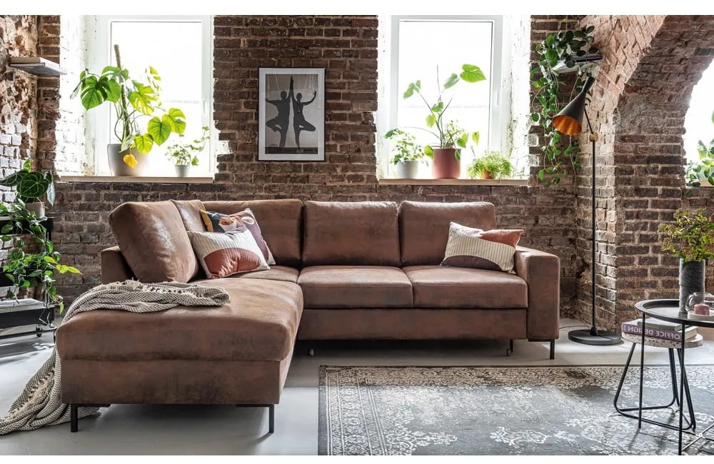 Colțar maro extensibil cu tapițerie din imitație de piele (cu colț pe partea stângă ) Lofty Lilly – Miuform