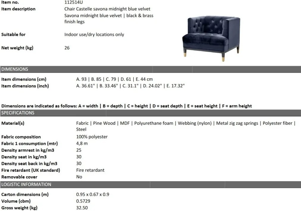 Fotoliu elegant design LUX Castelle, catifea albastra