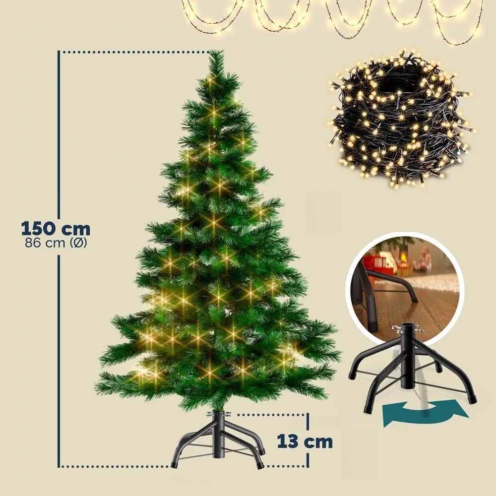 Casaria Brad artificial de Crăciun RUDOLPH cu luminițe, 150 cm, verde