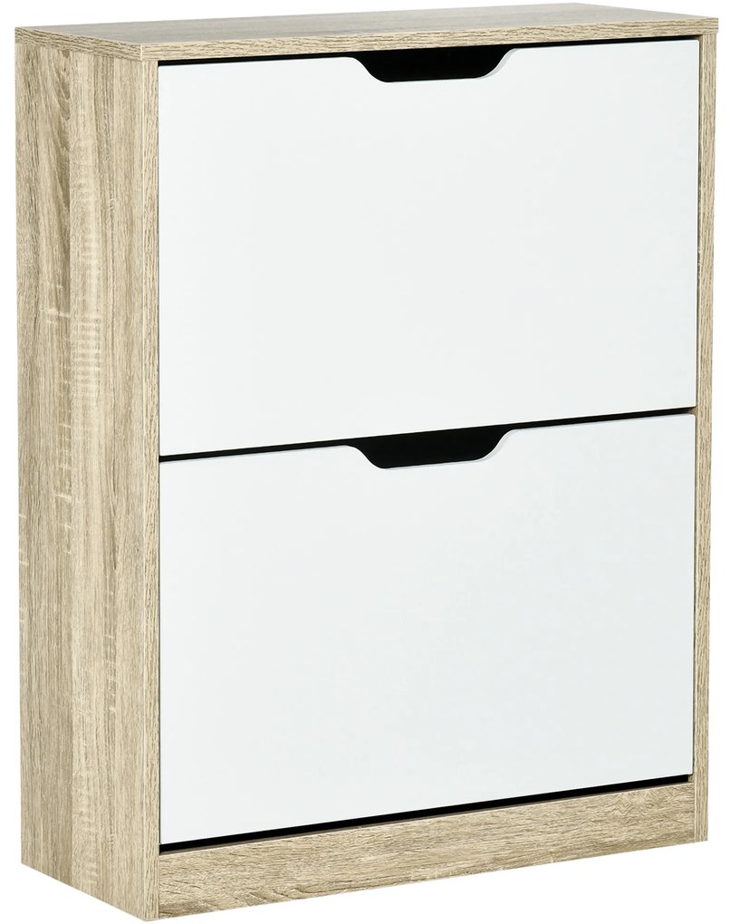 HOMCOM Dulap pantofi cu 2 Sertare Rabatabile, 8 Perechi, cu un Dispozitiv Anti-Răsturnare, Design Compact, 62,5x26x81 cm, Natural | Aosom Romania
