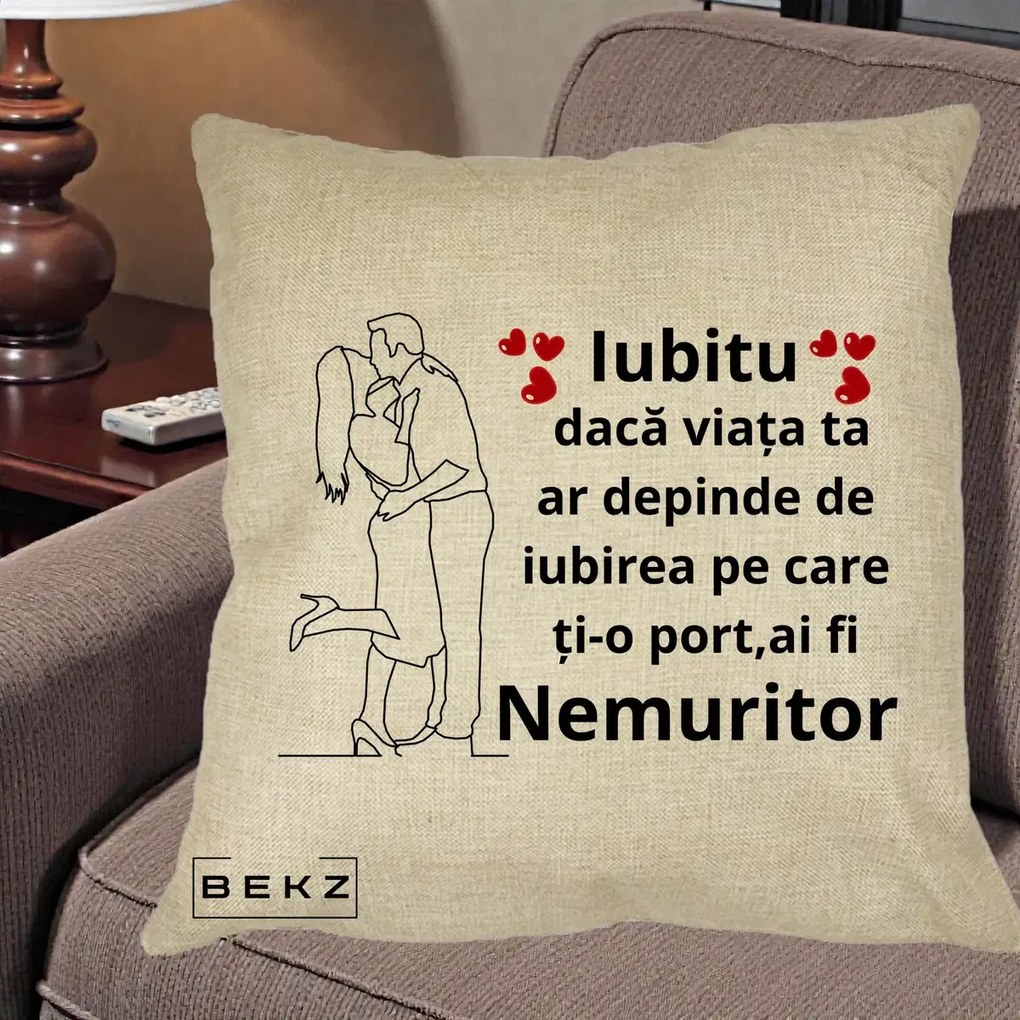 Cadou pentru Iubit - Perna Personalizata Iubitu Nemuritor cu Cuplu Line-Art si Inimi Rosii, 40x40 cm, Crem, Husa Detasabila, Perna Inclusa, BEKZ®