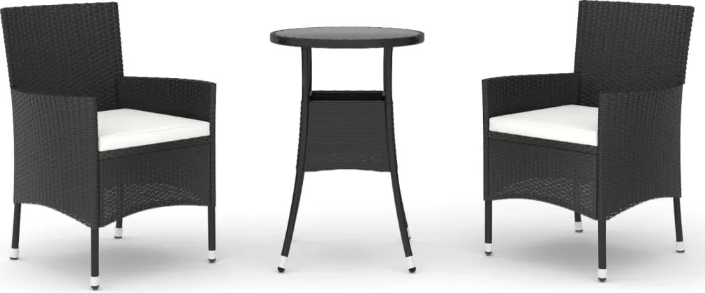 vidaXL Set bistro de grădină cu perne, 3 piese, negru, poliratan