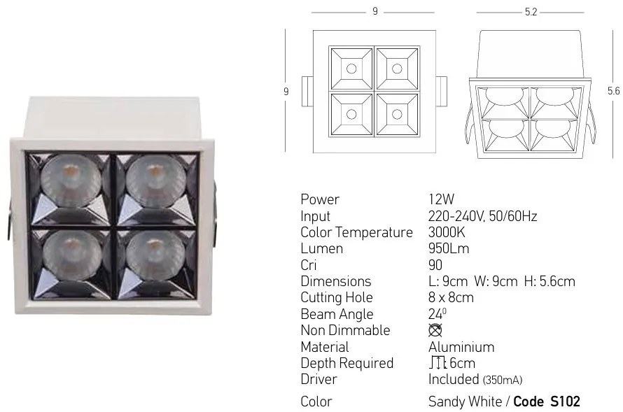 Corp incastrabil cu 4 spoturi LED Sandy White