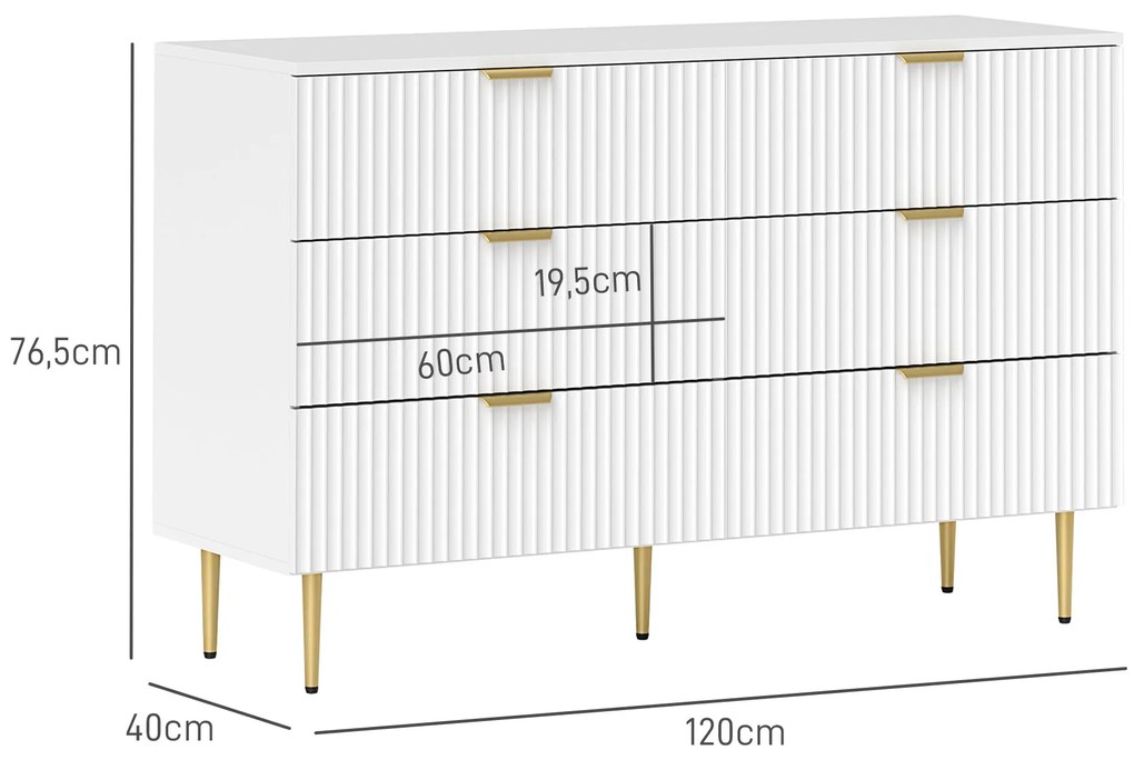 HOMCOM Comodă 6 sertare comodă cameră mobilier de depozitare modernă cu mânere și picioare aurii, 120 x 40 x 76,5 cm, alb | Aosom Romania