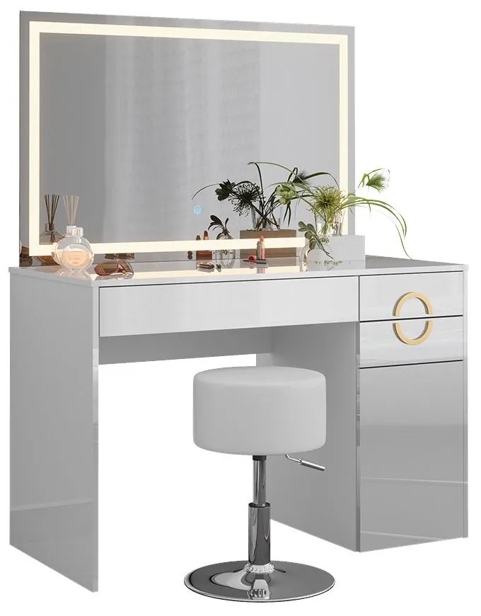 SEA442 - Set Masa toaleta, 115 cm, cosmetica machiaj, oglinda LED, masuta vanity cu sau fara scaun - Alb Lucios