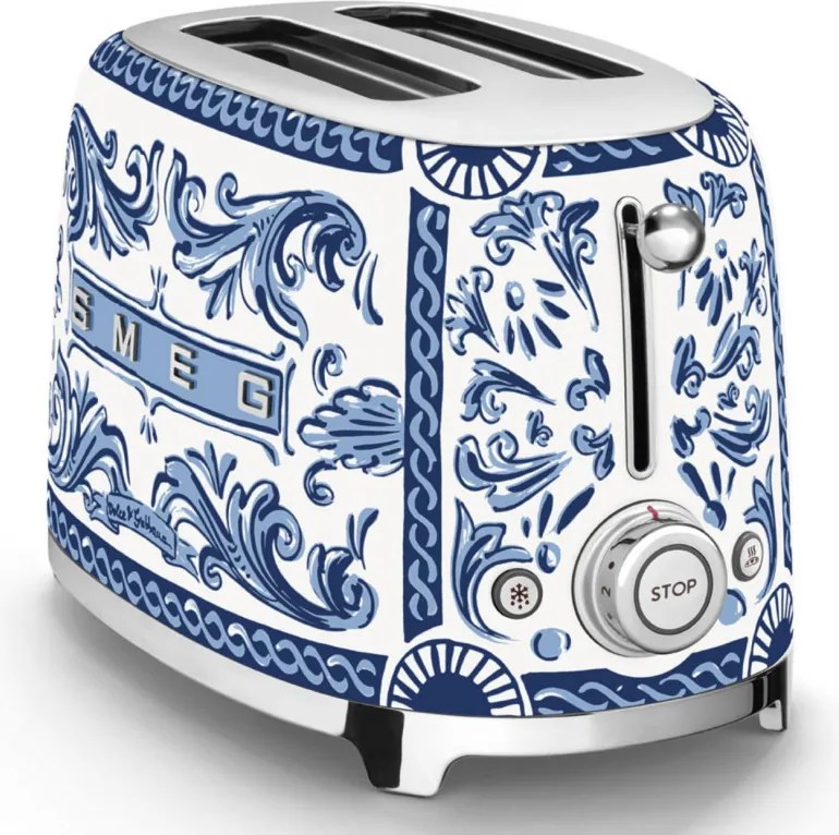 Prajitor de paine SMEG Dolce & Gabbana Blu Mediterraneo TSF01DGBEU, 950 W, 2 felii, 6 trepte, Tava pentru firimituri, Cablu integrat, Otel inoxidabil, Albastru