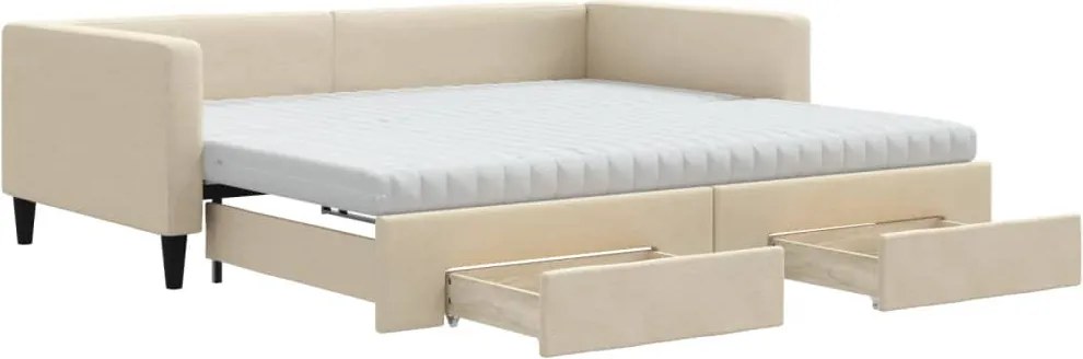 vidaXL Pat de zi cu extensie și sertare, crem, 100x200 cm, textil