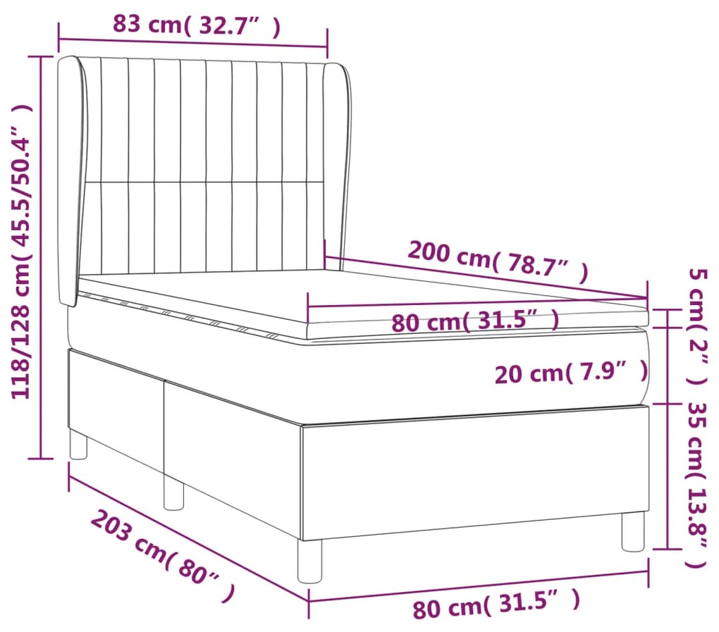 Pat box spring cu saltea, verde inchis, 80x200 cm, catifea Verde inchis, 80 x 200 cm, Benzi verticale