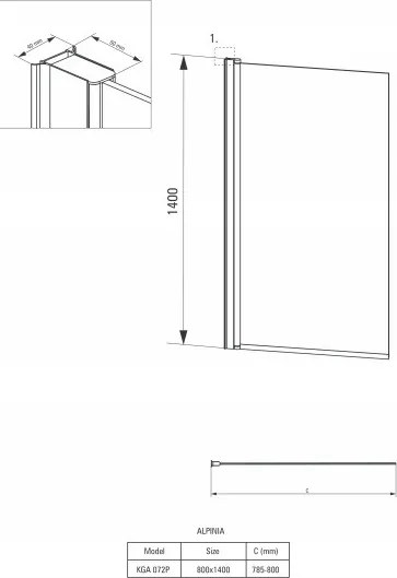 Alpinia Paravan de cada drept, batant, sticla 6mm KGA_072P