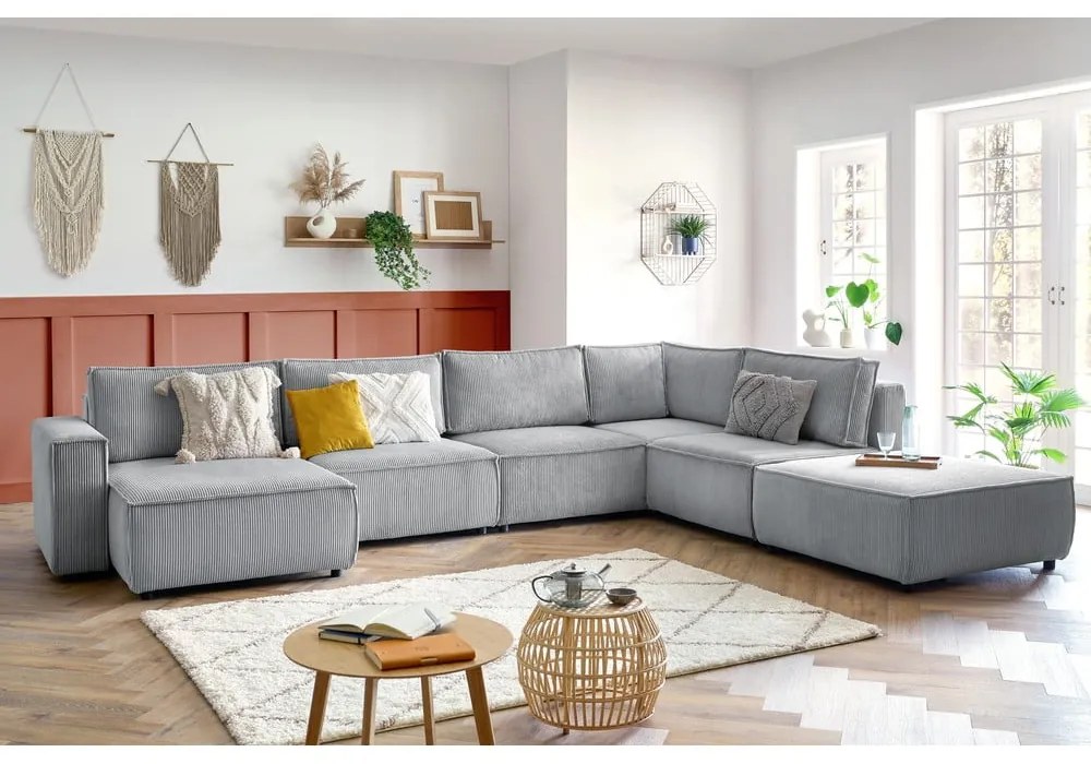 Colțar gri deschis cu tapițerie din catifea reiată (cu colț pe partea dreaptă/în formă de "U") Nihad modular – Bobochic Paris