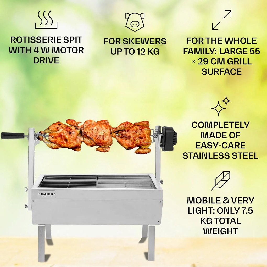 Sauenland Mini, grătar cu rotisor, 4 W, 12 kg max., otel inoxidabil