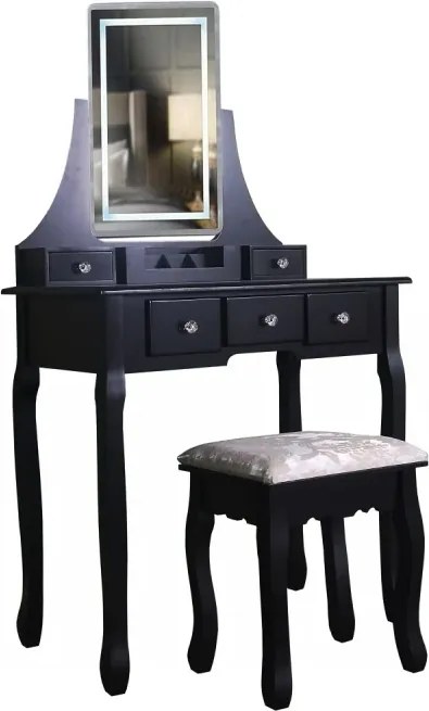 RESIGILAT- Set Cleopatra, Masă de toaletă cu oglindă iluminată LED, control touch, 5 sertare, scaun, Negru