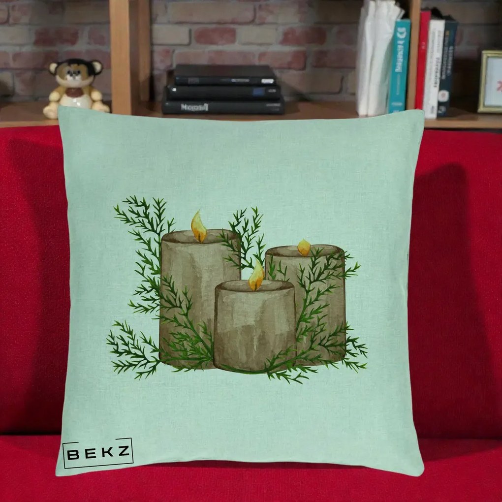Perna Decorativa Lumanari Rustice cu Crengute Brad, 40x40 cm, Verde Menta, Husa Detasabila, Perna Inclusa, BEKZ®