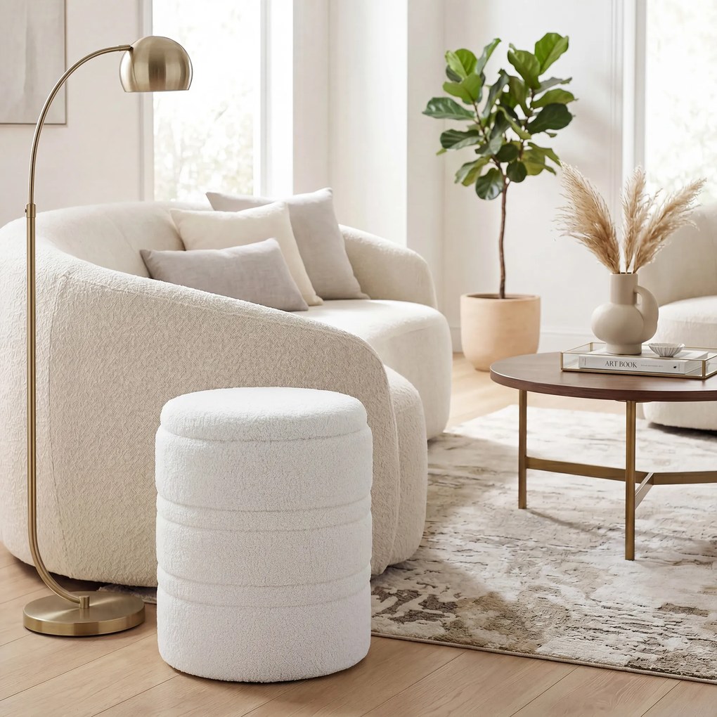 HOMCOM Taburet Rotund Tip Pouf cu Spațiu de Depozitare 33L din Sherpa cu Capac, Capacitate 120kg, Living, Hol, Alb | Aosom Romania