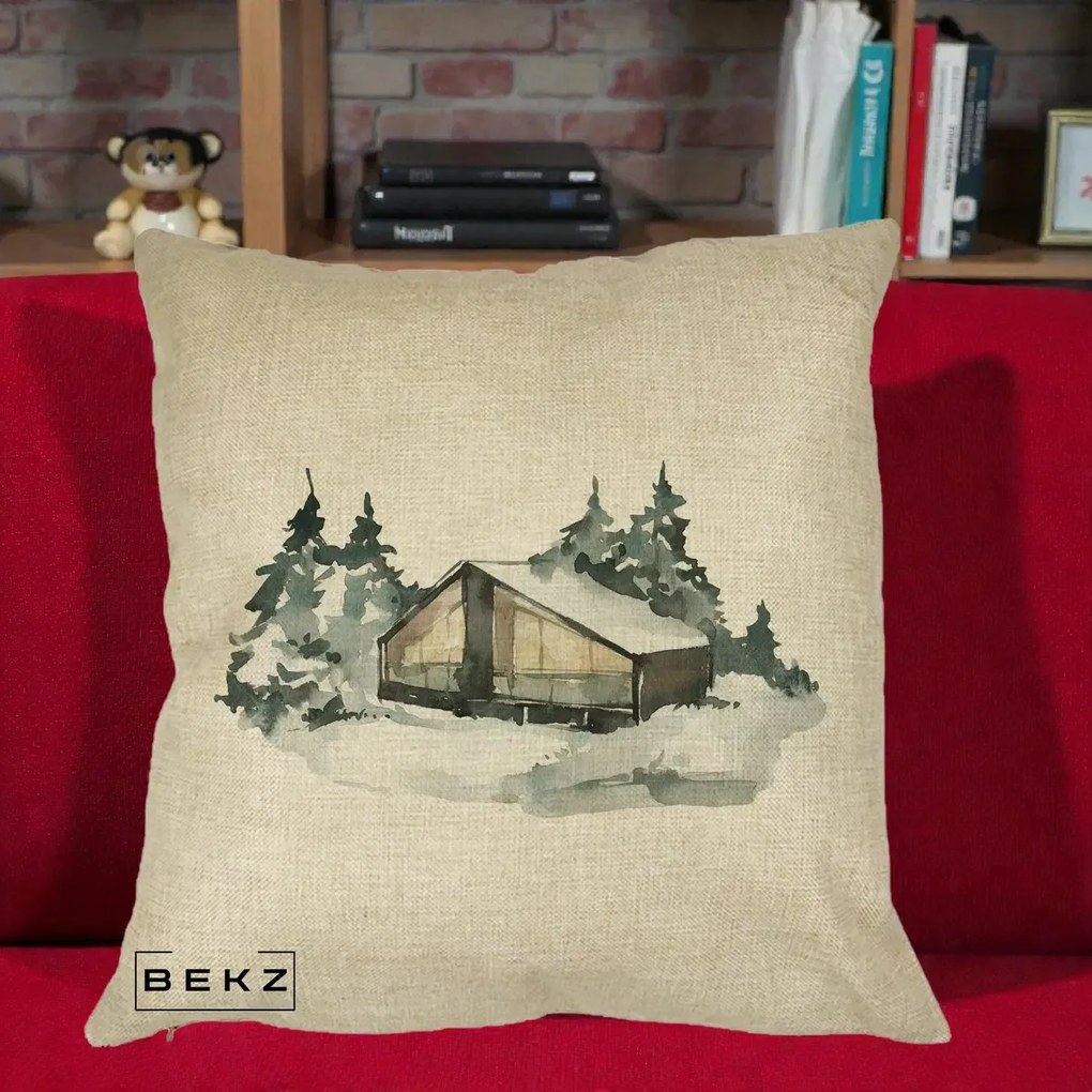 Perna Decorativa Cabana de Iarna in Padure, 40x40 cm, Crem, Husa Detasabila, Perna Inclusa, BEKZ®