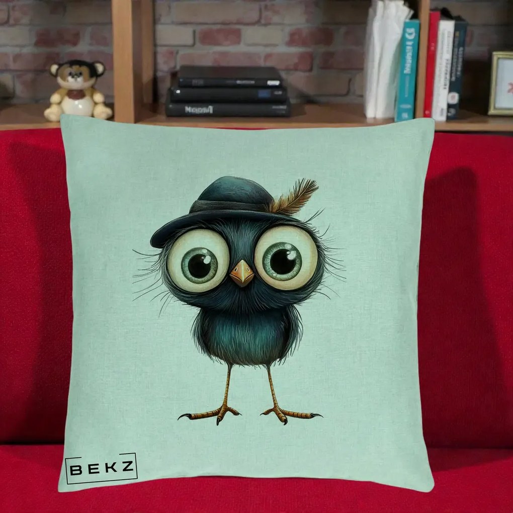 Perna Decorativa Pui Misterios cu Palarie Neagra, 40x40 cm, Verde Menta, Husa Detasabila, Perna Inclusa, BEKZ®