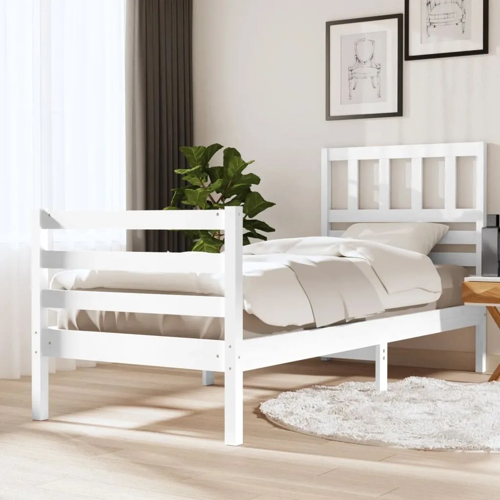 3101054 vidaXL Cadru de pat Single 3FT, alb, 90x190 cm, lemn masiv
