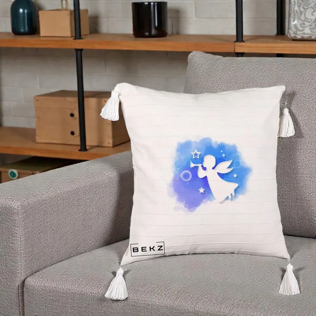 Perna Decorativa Inger cu Trompeta Albastru, 40x40 cm, Bej cu Franjuri, Husa Detasabila, Perna Inclusa, BEKZ®