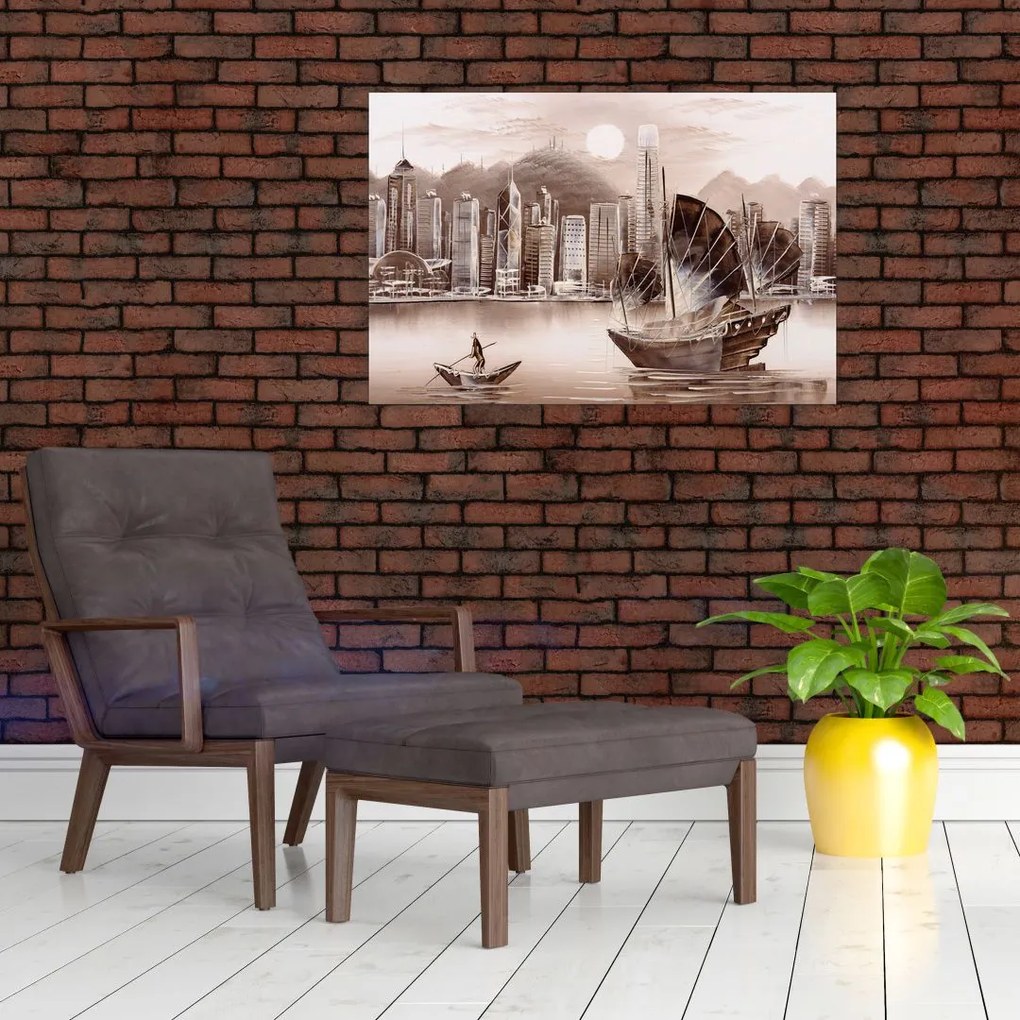 Tablou - Victoria Harbour, Hong Kong, efect sepia (90x60 cm)