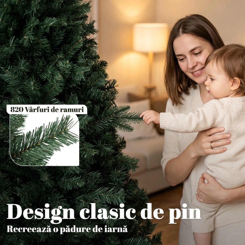 HOMCOM Brad de Crăciun Artificial, 180 cm, cu 820 de Crengi Ignifuge, Verde | Aosom Romania