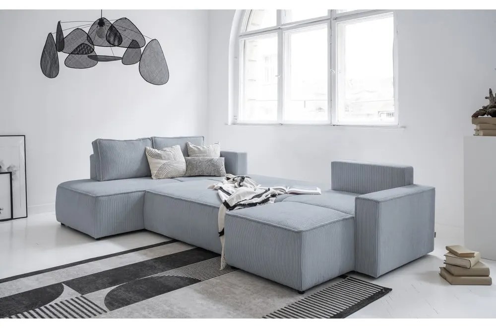 Colțar gri deschis extensibil cu tapițerie din catifea reiată (cu colț pe partea stângă /în formă de "U") Brave Dave – Miuform