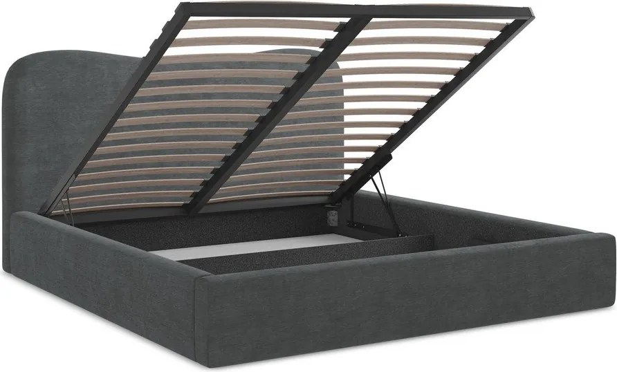 Pat matrimonial gri închis tapițat cu spațiu de depozitare cu somieră 140x200 cm Kahai – Makamii