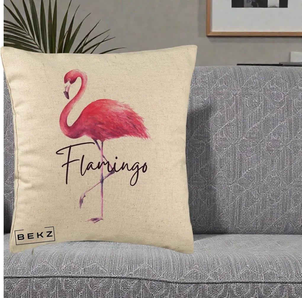Perna Decorativa Flamingo Acuarela, 40x40 cm, Bej, Husa Detasabila, Perna Inclusa, BEKZ®
