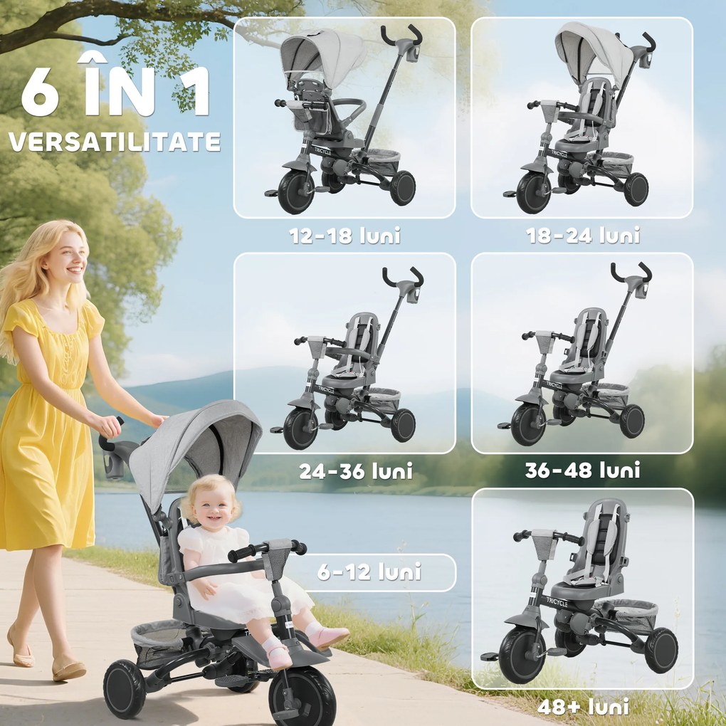 AIYAPLAY Tricicletă Copii 6 în 1, Cărucior și Bicicletă, 1-5 Ani, Max. 25 kg, Pliabilă cu Scaun Rotativ, Copertină, Gri | Aosom Romania