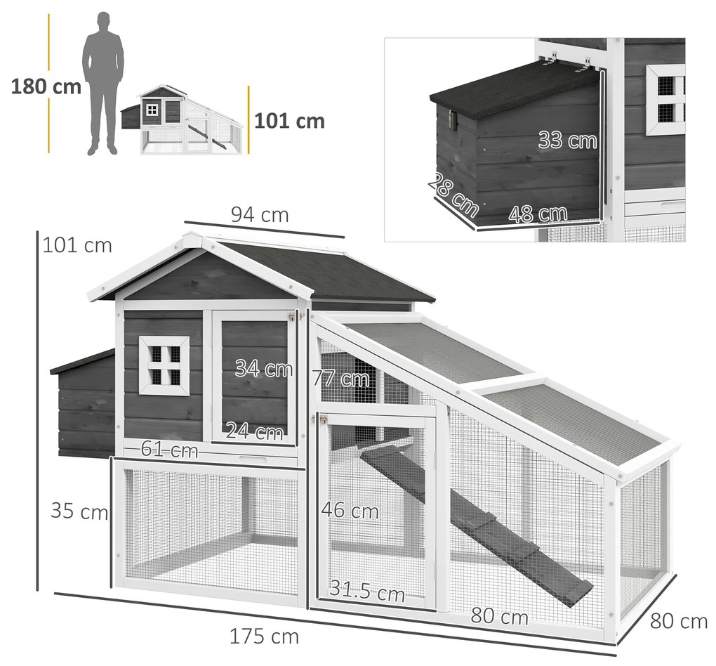 PawHut Cusca pentru Gaini Outoare sau Rate, Cotet Prefabricat din Lemn de Brad cu Acoperis Impermeabil, 178x95x100 cm, Gri