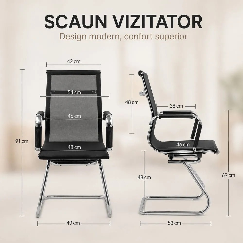 Scaun vizitator negru OFF 804 din mesh respirabil și cadru metalic cromat cu brațe