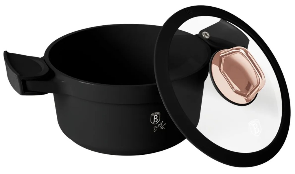 Oală cu capac și mânere de silicon detașabile 20 cm, 2.8L – Berlinger Haus Black Rose Collection BH 1456, neagră, cu strat antiaderent cu titan