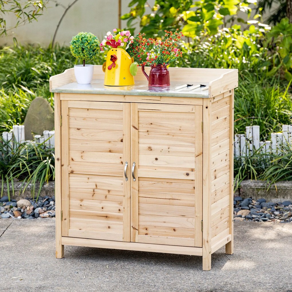 Outsunny Dulap de grădină cu 2 rafturi, suprafață de lucru din metal cu margine ridicată, lemn natural, 83 x 40 x 92 cm | Aosom Romania
