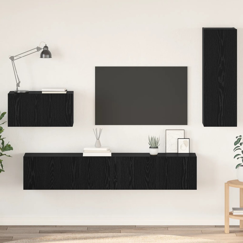 vidaXL Dulap pentru TV pe Perete cu raft Altele cu depozitare cu ușă 4 pcs Stejar negru