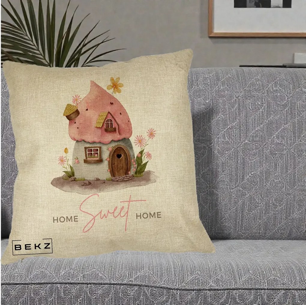 Perna Decorativa Home Sweet Home Casuta, 40x40 cm, Crem, Husa Detasabila, Perna Inclusa, BEKZ®