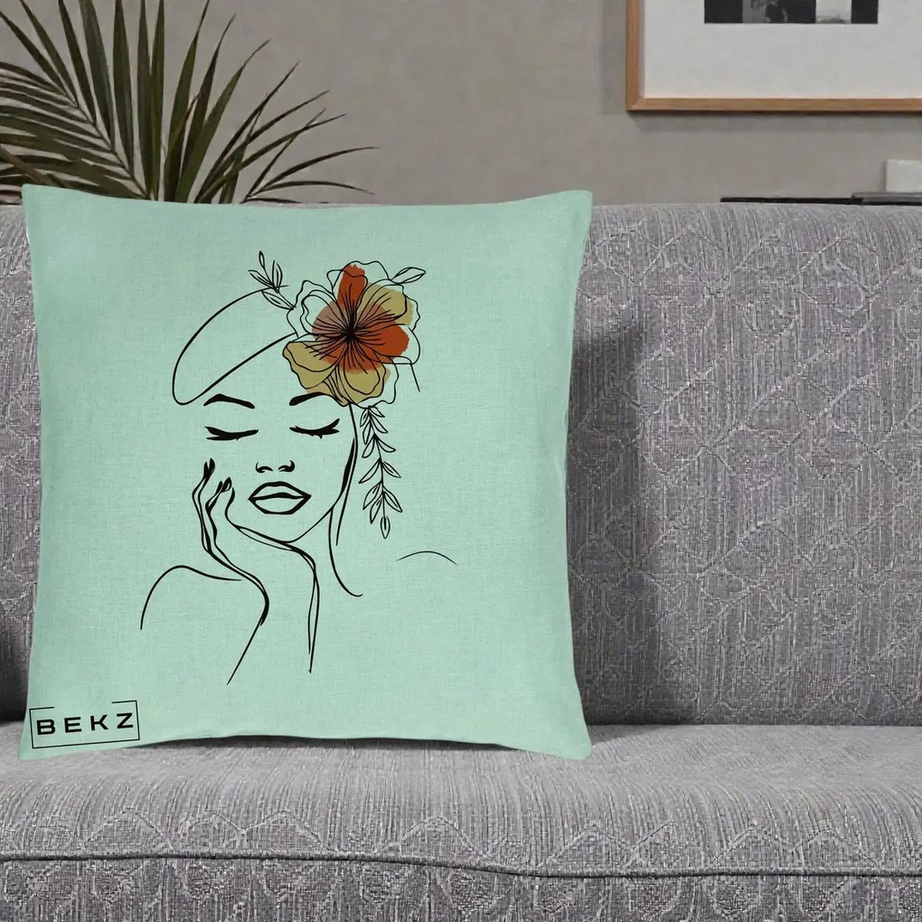 Perna Decorativa Portret Feminin Flori Palarie, 40x40 cm, Verde Menta, Husa Detasabila, Perna Inclusa, BEKZ®