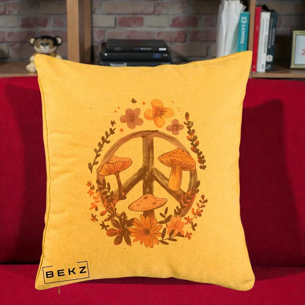 Perna Decorativa Peace Sign Ciuperci Floral, 40x40 cm, Galben, Husa Detasabila, Perna Inclusa, BEKZ®