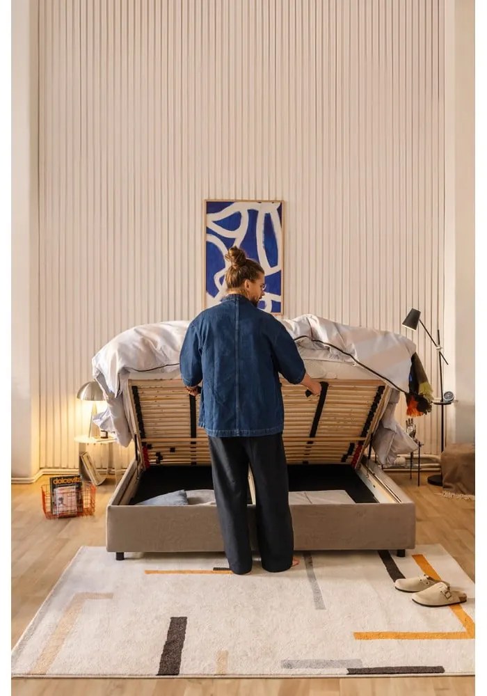 Pat matrimonial taupe tapițat cu spațiu de depozitare cu somieră 160x200 cm Myra Bold – Bonami Selection