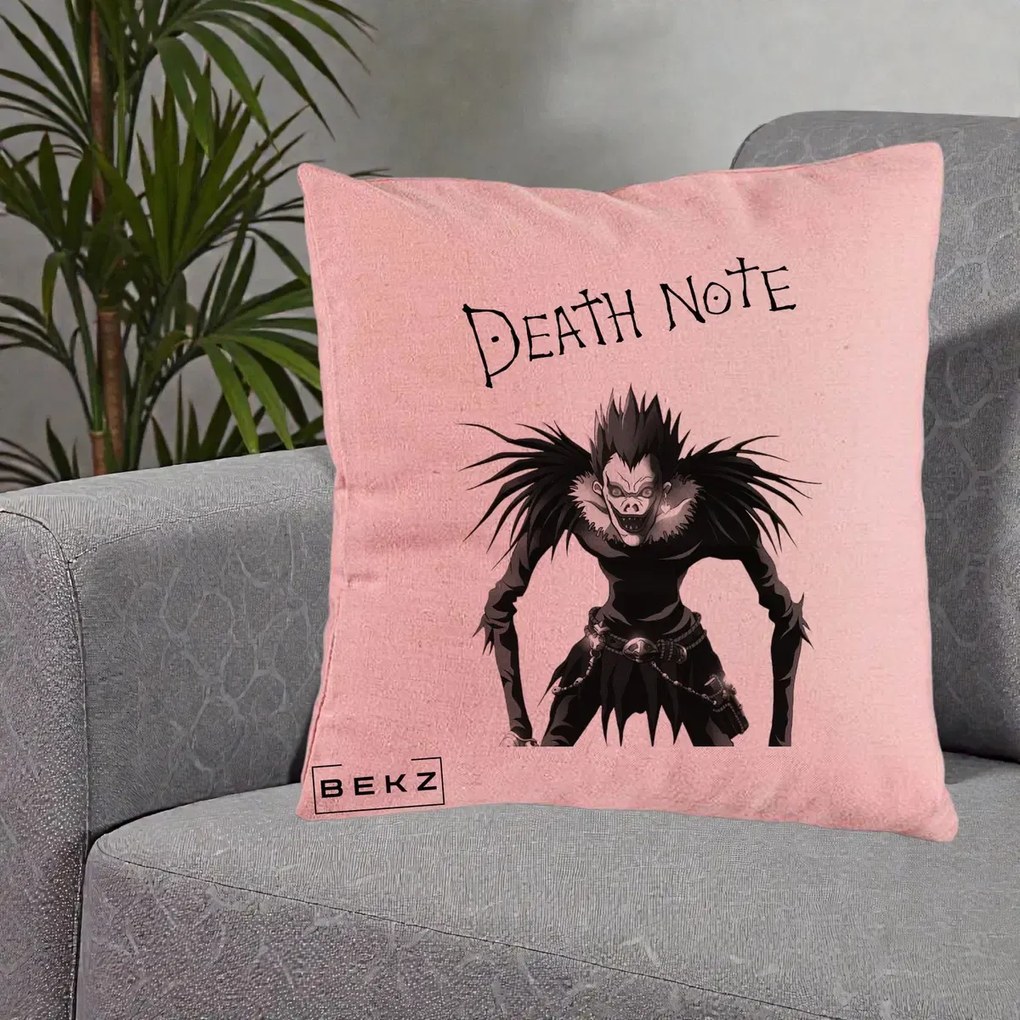 Perna Personalizata Death Note Ryuk Shinigami Alb-Negru, 40x40 cm, Roz, Husa Detasabila, Perna Inclusa, BEKZ®