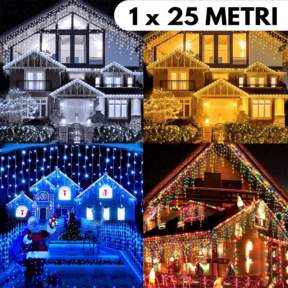 Instalație de Crăciun, 1 x 25 metri, franjuri cu flash, cu led tip țurțuri, fir gros, exterior, dive