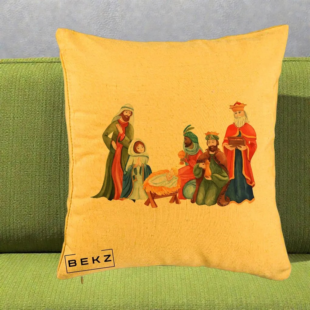 Perna Decorativa Nasterea Domnului Cei Trei Magi Acuarela, 40x40 cm, Galben, Husa Detasabila, Perna Inclusa, BEKZ®