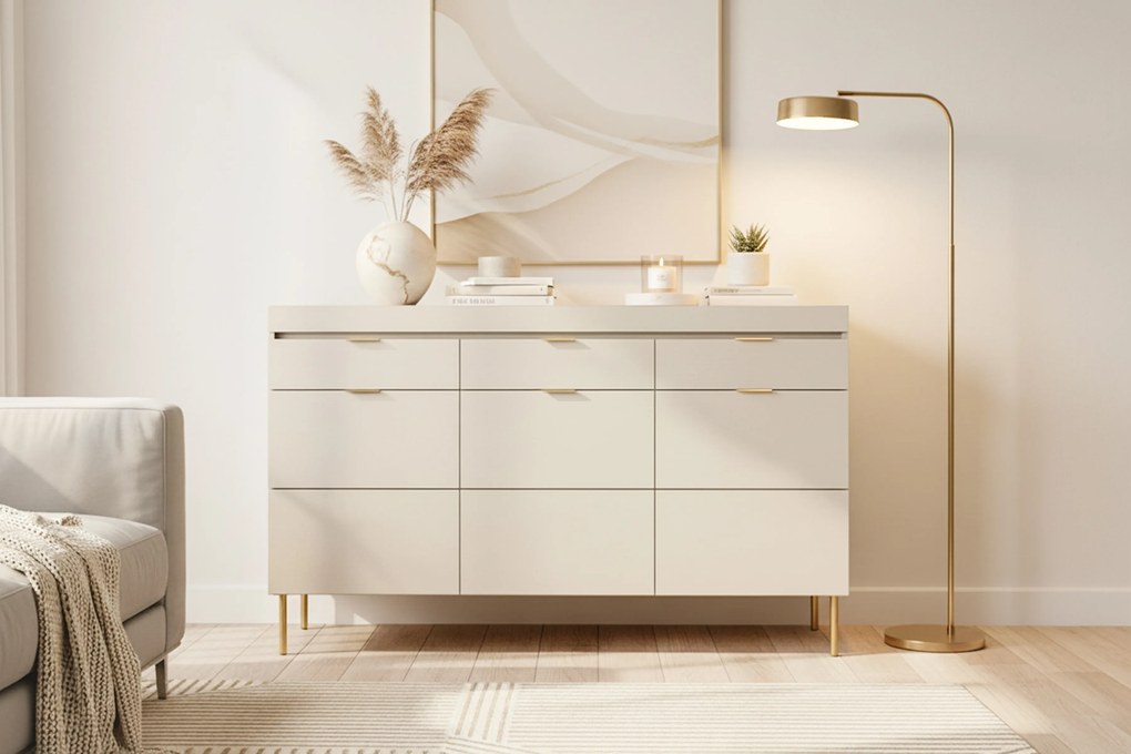 Comodă cu trei uși și trei sertare Sentia 157 - cașmir / auriu