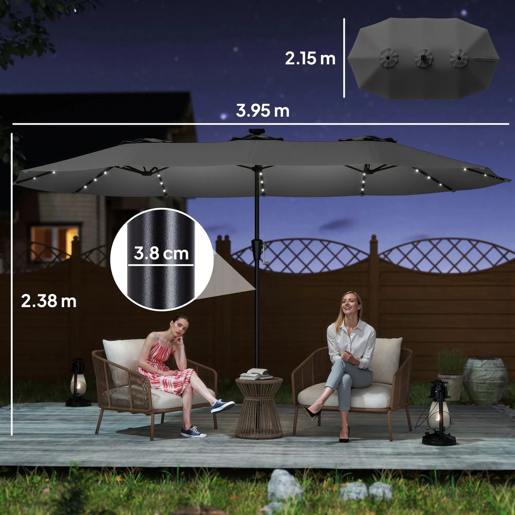 Outsunny Umbrelă Dublă de Grădină 4x2 m cu 36 LED-uri Solare UPF50+ Manivelă 12 Spițe Rezistentă la Apă Gri închis | Aosom Romania