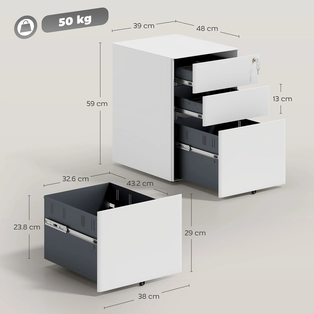 Vinsetto Fiset Metalic cu 3 Sertare și Sistem de Blocare, Mobilier de Birou pe Roti, 39x48x59cm, Design Compact, Alb | Aosom Romania
