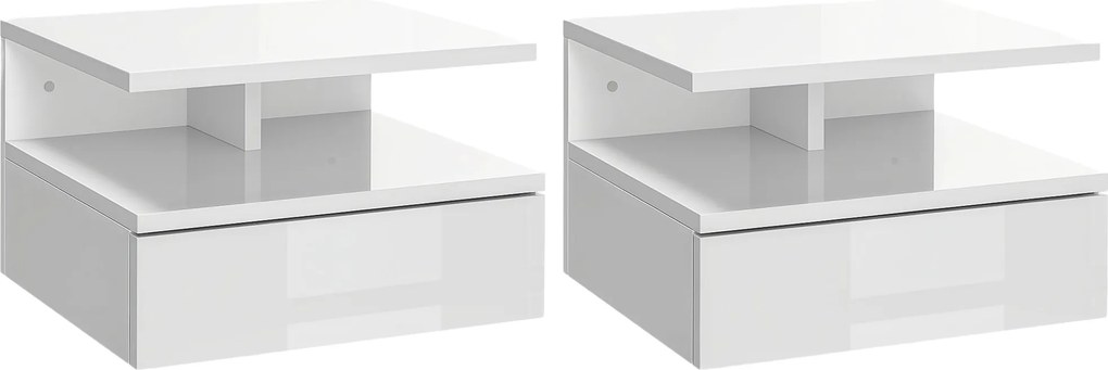 HOMCOM Set de 2 Noptiere Suspendate cu Raft Superior, Design Modern, Lemn, Alb Lucios, 35x32x22.5cm | Aosom Romania
