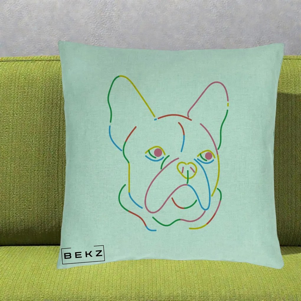 Perna Decorativa Bulldog Francez Line Art Curcubeu, 40x40 cm, Verde Menta, Husa Detasabila, Perna Inclusa, BEKZ®