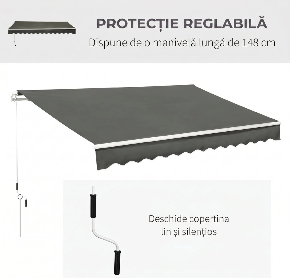 Outsunny Copertină Pliabilă pentru Exterior, Copertină Tip Roll-Up cu Deschidere Manivelă, 350x250 cm, Gri | Aosom Romania