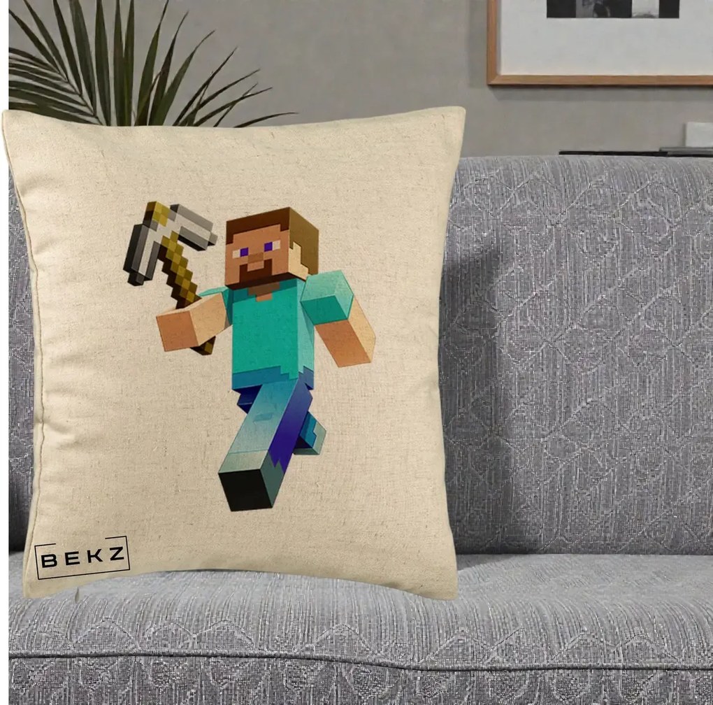 Perna Personalizata Minecraft Steve cu Tarnacop, 40x40 cm, Bej, Husa Detasabila, Perna Inclusa, BEKZ®