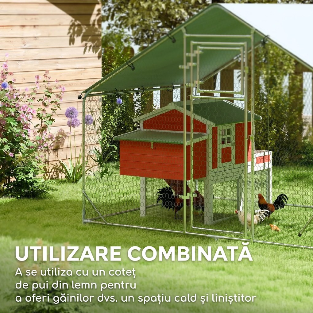 PawHut Coteț pentru Găini cu Copertină Impermeabilă și Rezistentă la UV, 300x200x195 cm, Argintiu | Aosom Romania