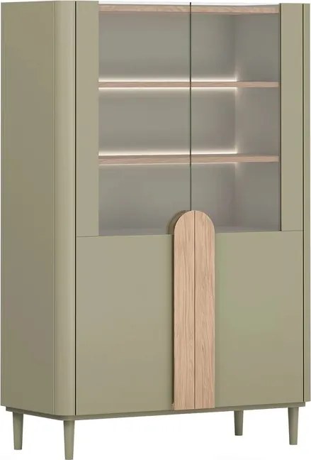 Vitrină Amilio 100 cm cu două uși pe picioare - eucalipt / stejar baltic dune / mânere stejar natural